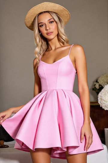 Pink  A Line Satin Spaghetti Straps Short Homecoming Dress